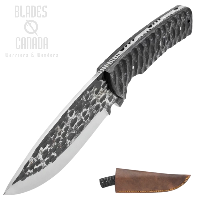 Timber Wolf Blacksmith Fixed Blade Knife, Hammered Steel, Black Resin, Leather Sheath, TW1403